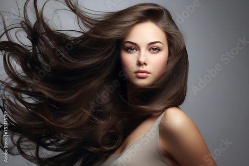 Beautiful model girl with shiny dark brown straight long hair . Care and hair products 