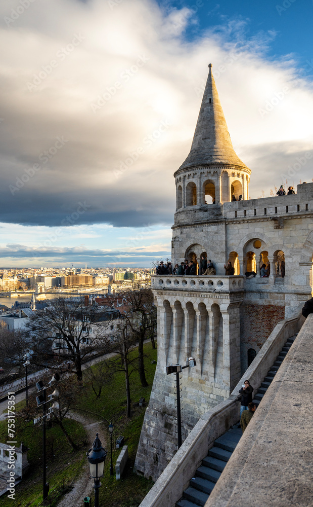 Stone towers of Fisherman`s Bastion, overlooking Budapest city and Danube river, Hungary