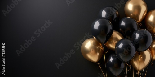 Luxury background with a golden and black balloons on a black background with a plce for text. AI generative photo