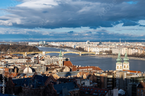 Wonderful view of the Budapest city, Hungary on the Danube river and both riverbanks from the Fisherman`s Bastion on the Castle Hill photo