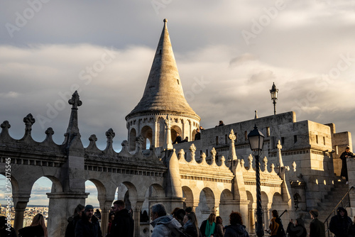 Stone towers of Fisherman`s Bastion, overlooking Budapest city and Danube river, Hungary photo