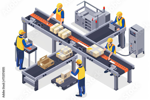 Industry Engineer and Technicians working on factory production line conveyor with warehouse  isometric illustration.
