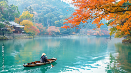 Boatman punting the boat at river. arashiyama in autumn season along the river photo