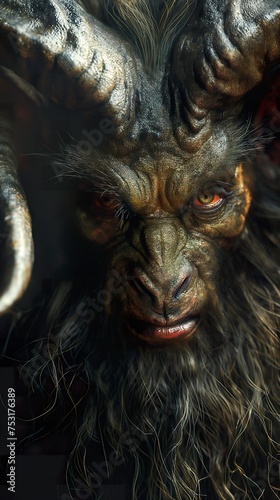 Representation of a grotesque demon with donkey features and goat horns in an aura of terror and malice. Demon with burning eyes and a chilling sinister presence.