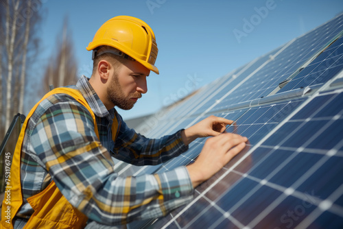 a man meticulously installing solar panels on a rooftop, emphasize the concept of sustainability and the shift towards renewable energy sources