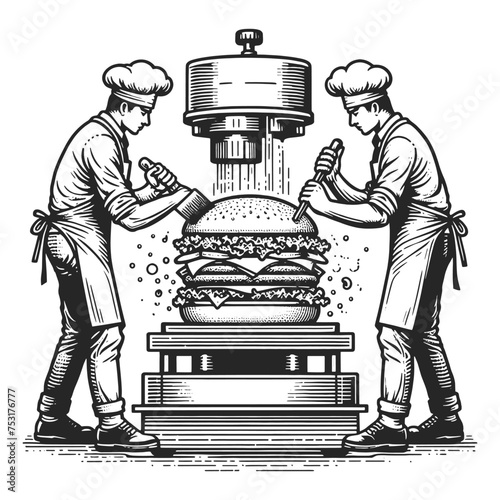 two chefs in aprons and chef hats cooking a giant burger with a large press, in engraving style sketch engraving generative ai vector illustration. Scratch board imitation. Black and white image.