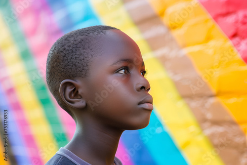 A young boy with a shaved head stands in front of a wall with a colorful stripe. He looks serious and focused. Portrait of an african boy on a colorful background, summer brightness photo