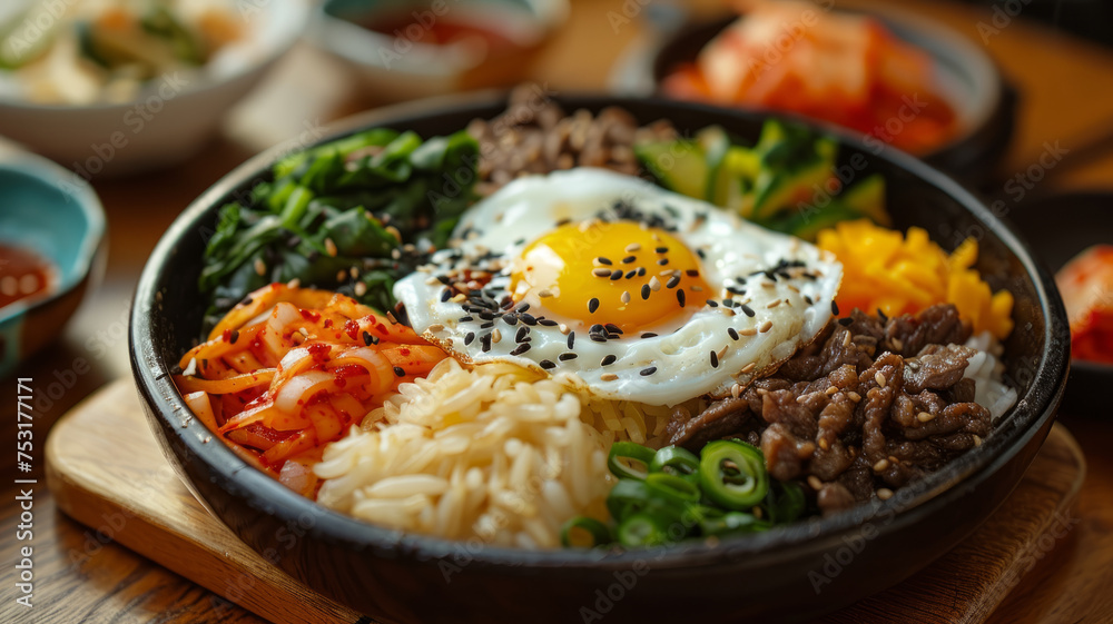 Bibimbap in a bowl with egg and vegetables Bibimbap in a bowl with egg and vegetables