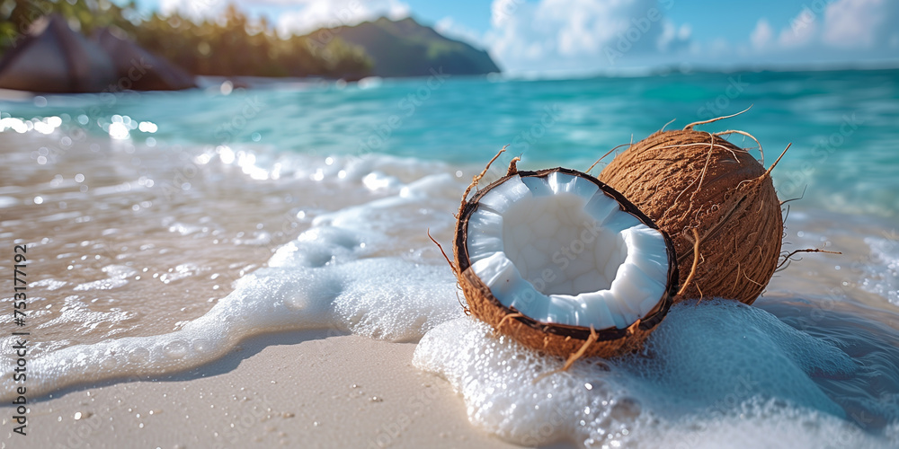 Coconut Header opened coconut. vocation in tropical wonderful place. Space for text ...