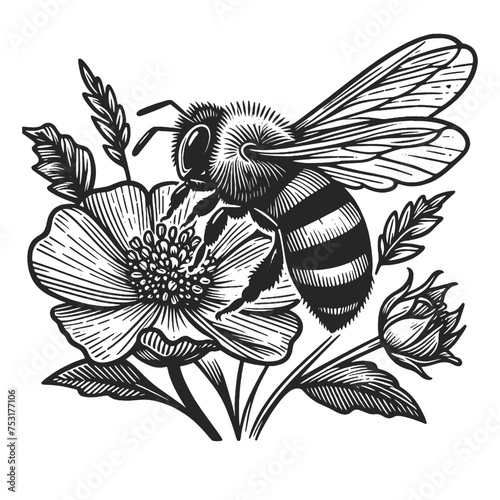 bee collects pollen for honey pollinating blooming flower, showcasing detailed line art sketch engraving generative ai vector illustration. Scratch board imitation. Black and white image.