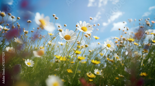 Low angle view of wild camomile flowers and yellow daisies field in a sunny day