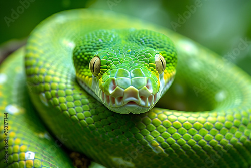 closeup portrait of green snake at nature