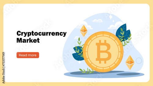 Cryptocurrency market poster. Bitcoin, litecoin and altcoin. Financial literacy and passive income. Landing webpage design. Cartoon flat vector illustration isolated on yellow background
