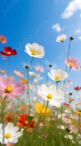 Beautiful Cosmos flowers against the sky in a sunny day. Smart phone wallpaper
