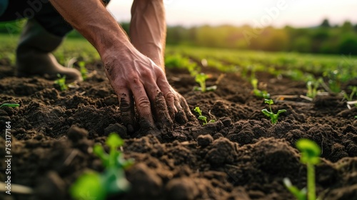 A farmer tending to a lush green field, rural landscape, close-up of hands in soil, symbolizing agriculture and sustainability. Resplendent.