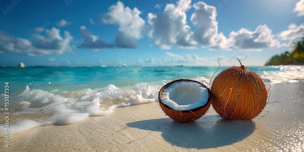 Coconut Header opened coconut. vocation in tropical wonderful place. Space for text ...