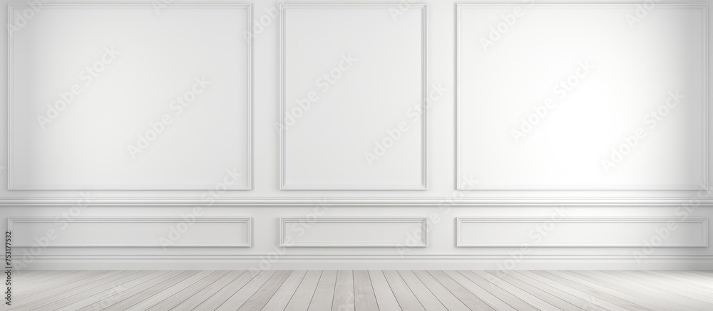 Empty white room with blank walls wood panel element and glossy white floor background element for presentations or galleries illustrated in Empty white room with blank walls wood panel element and glossy white floor background element for presentations or galleries illustrated in