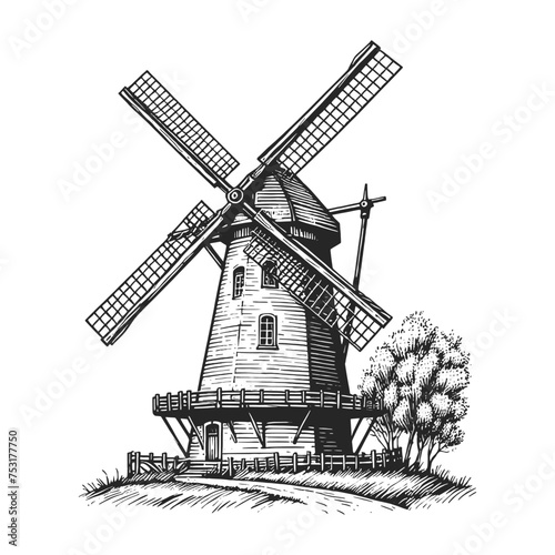 traditional windmill in a pastoral setting, depicted in an engraved style. Sketch engraving generative ai vector illustration. Scratch board imitation. Black and white image.