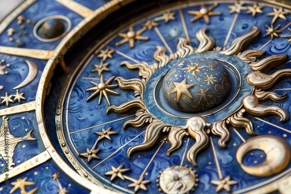 Obraz premium The solar system with golden sign of sun in centre, astrological natal chart