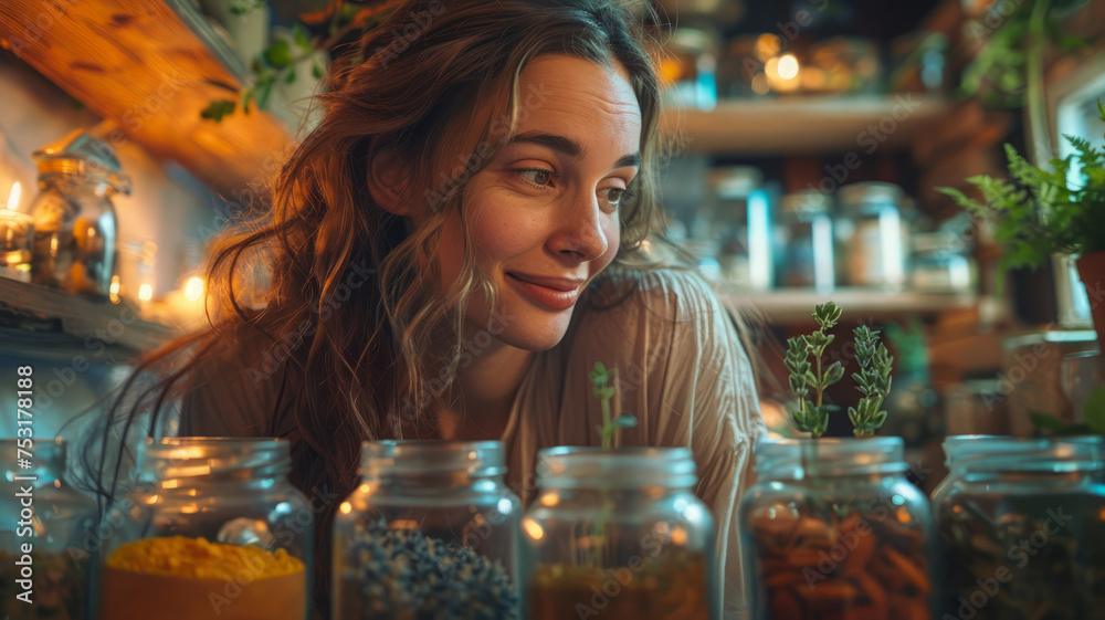Young woman smiling with jars of herbs and spices.