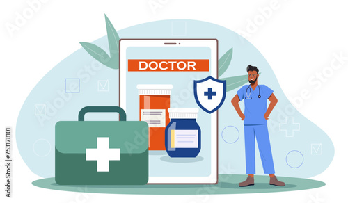 Doctor with medical equipment. Man in medical uniform with sthetoscope and first aid kit. Pills and drugs. Health care and medicine. Cartoon flat vector illustration isolated on white background