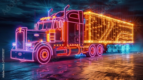 A large semi truck is illuminated by colorful Christmas lights, creating a festive and eye-catching display. The lights adorn the exterior of the truck, adding a joyful and celebratory atmosphere