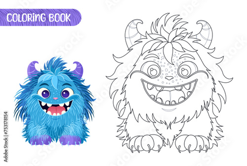 Coloring book for kids. Worksheet for drawing with cartoon monster. Cute magical creature. Coloring page with funny yeti for preschool and school children. Vector illustration on white background.