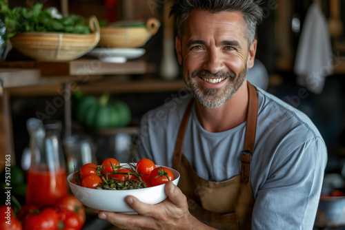 Smiling man holding a white bowl showing of tomatoes and pumpkin seeds with glass of tomato juice were placed nearby, pumpkin seeds, lycopene from tomatoes support prostate health, men health concept.