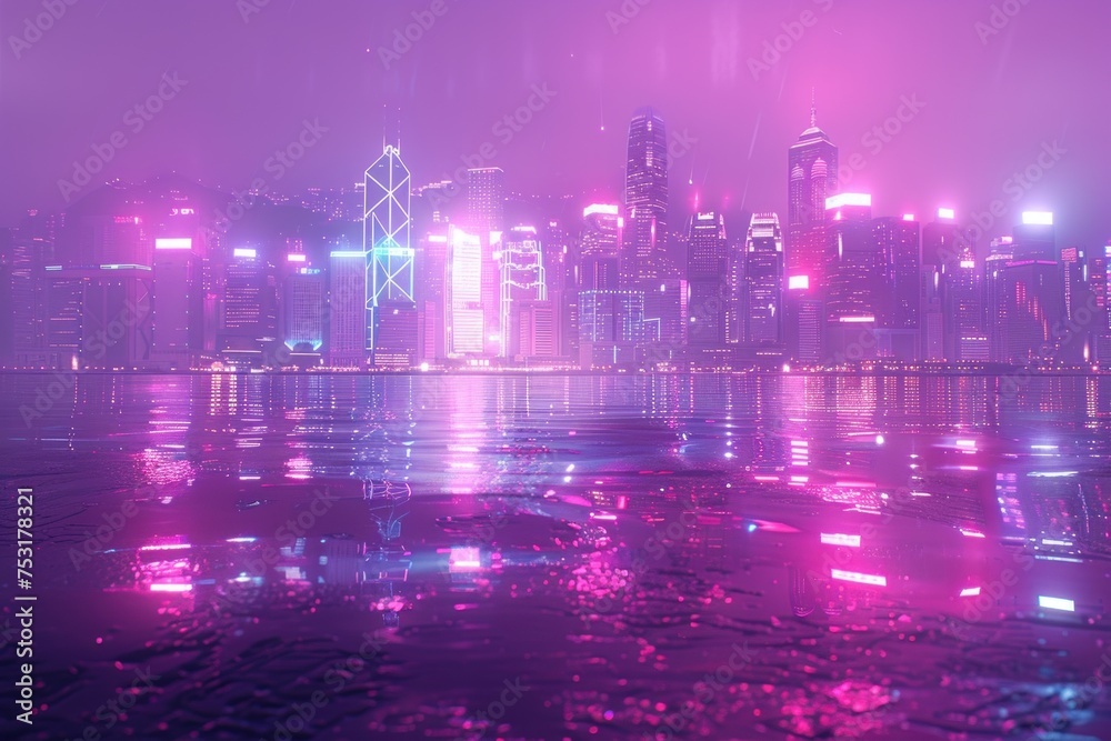 future fintech on a cyberpunk with the city in the background.  - obrazy, fototapety, plakaty 