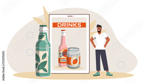 Man with drinks. Young guy near soda with strawberry and mint. Beverage and tasty liquids. Cold drinks and cocktails for hot weather. Cartoon flat vector illustration isolated on white background