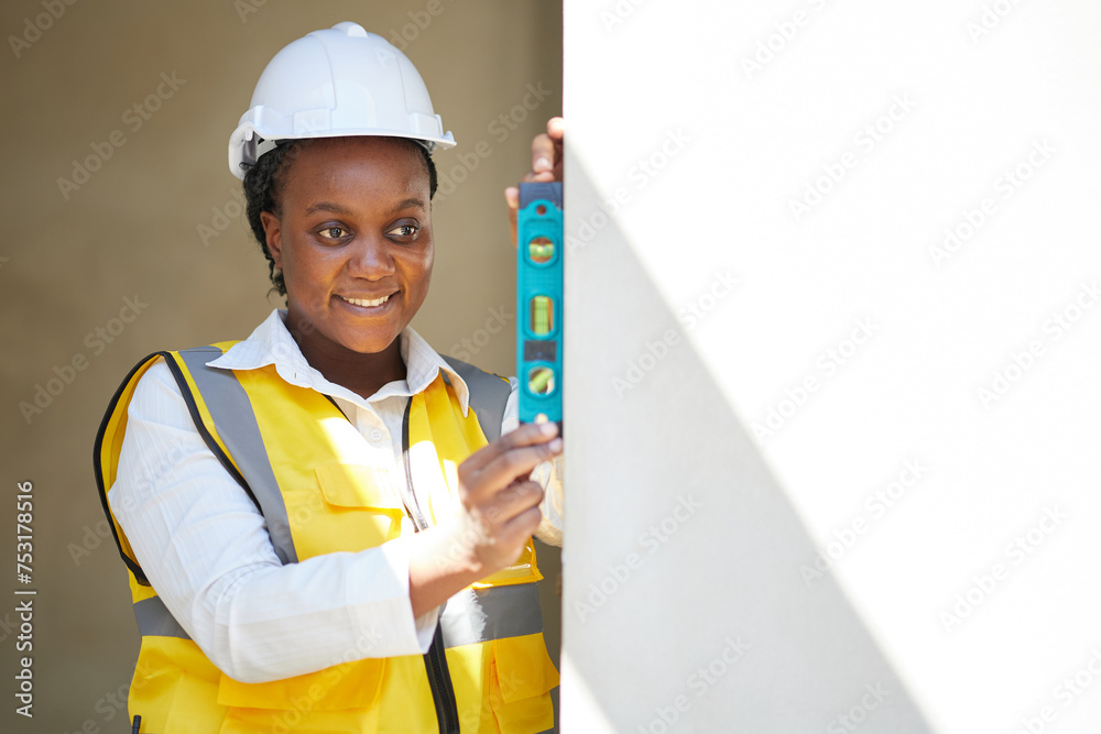 worker or architect measuring wall with spirit level at construction site worker or architect measuring wall with spirit level at construction site