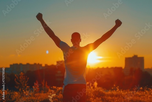 A man is standing in a field with his arms raised overhead. He appears to be celebrating or expressing joy in the open space. The field is grassy and under a clear sky