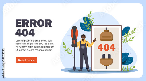 Error 404 poster. Maintenance worker with screwdriver. Broken links and problems in code. Webpage for site design. Cartoon flat vector illustration isolated on white background