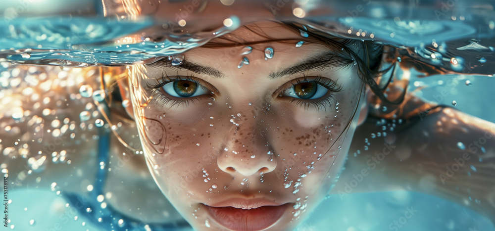 Fototapeta premium Young beautiful teen girl swimmer swimming in swimming pool, horizontal panoramic image. Sport, lifestyle