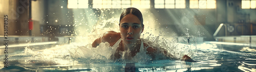 Young beautiful woman swimmer swimming in swimming pool, horizontal panoramic image. Sport, lifestyle © Alex Tihonov