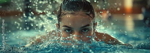 Young beautiful woman swimmer swimming in swimming pool, horizontal panoramic image. Sport, lifestyle