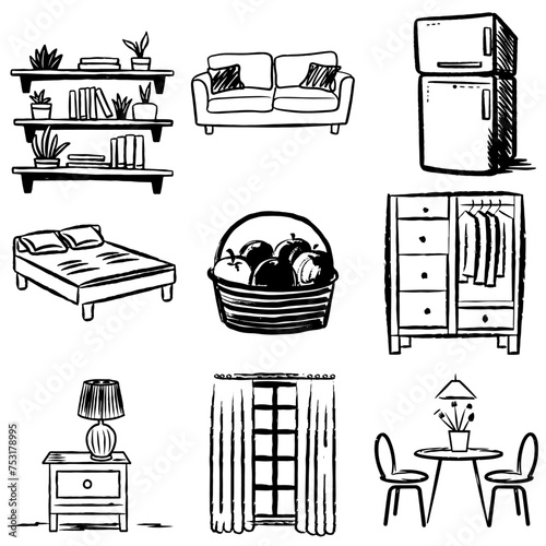 Wohnungseinrichtungs-Gegenstände: Pinselstrich Zeichnungen Vektor Grafik Bundle