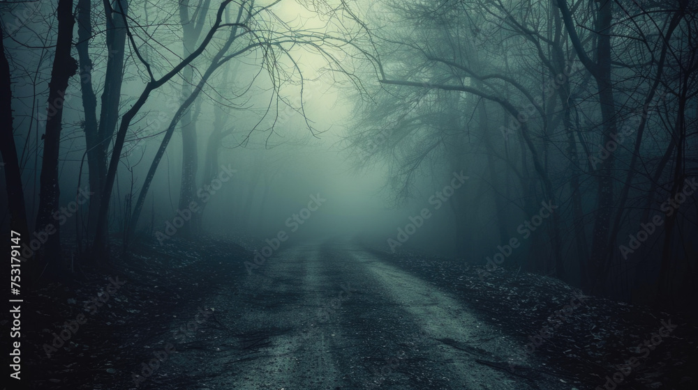 Eerie Misty Forest Path during Autumn Season