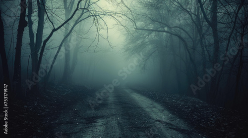 Eerie Misty Forest Path during Autumn Season