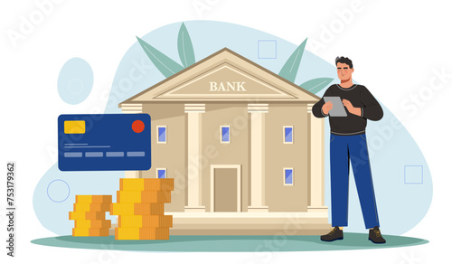 Man with financial transactions. Young guy with banking card and gden coins near building. Financial literacy, budget and savings. Cartoon flat vector illustration isolated on white background