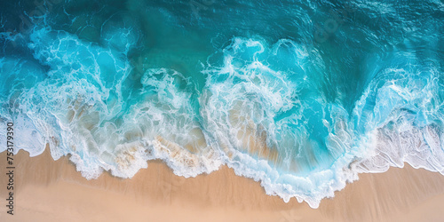 Aerial View of Ocean Waves Meeting Tropical Beach