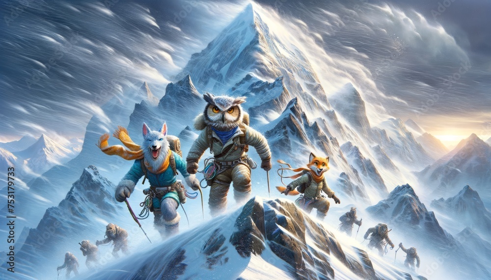 Animated Animal Adventurers Climbing a Snowy Mountain - obrazy, fototapety, plakaty 