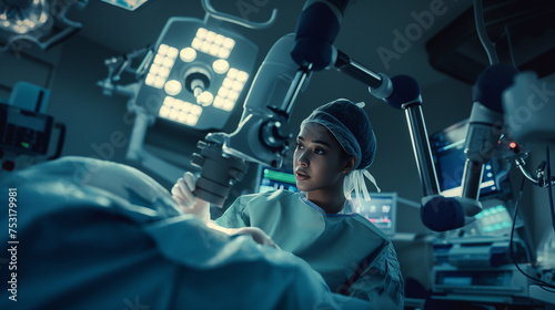 Surgical Precision: Female Surgeon Operating with Advanced Equipment