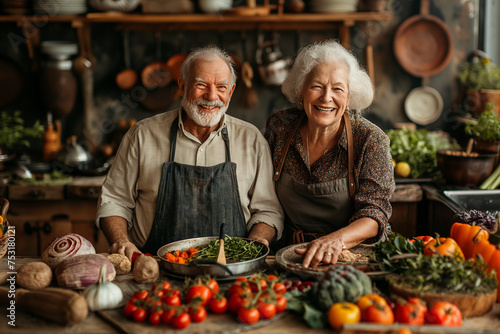 Smiling old couple is at kitchen for cooking. Good equipped kitchen. Selective focus. Copy space. Food cooking concept. 