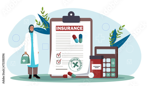 People with health insurance. Woman in medical coat and huijab near contract and agreement. Heath care and treatment, medicine. Poster or banner. Cartoon flat vector illustration