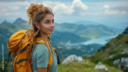 Woman Hiking With Backpack on Mountain Top