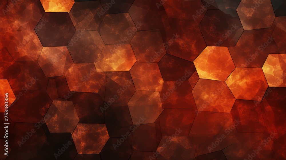 A fiery red, brown, burnt orange, and copper black abstract background features geometric shapes, color gradients, and a 3D effect, creating a visually dynamic and textured composition. - obrazy, fototapety, plakaty 