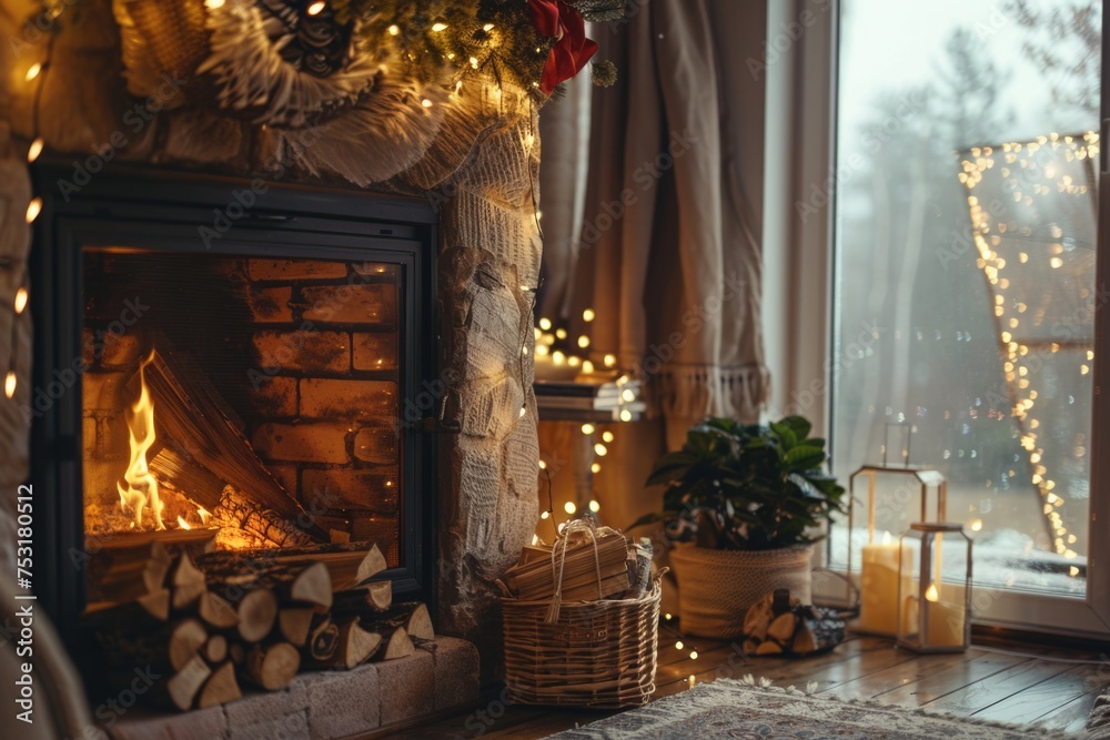 Warm and Festive Fireplace Ambiance with Christmas Decorations