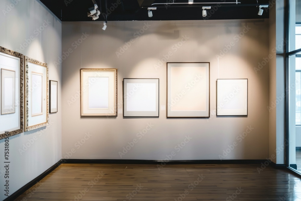 Modern Art Gallery Interior with Blank Frames for Artwork Display Modern Art Gallery Interior with Blank Frames for Artwork Display
