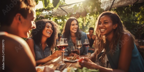 Group of friends gathering for wine tasting in countryside vineyard in summer harvesting season cheering and toasting with friendship comeliness